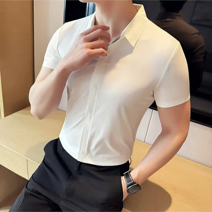 High Elasticity Men's Short Sleeve Shirt Summer Ice Silk Fashion Slim-Fit Business Anti-Wrinkle Shirt High Quality Tops 4XL-M