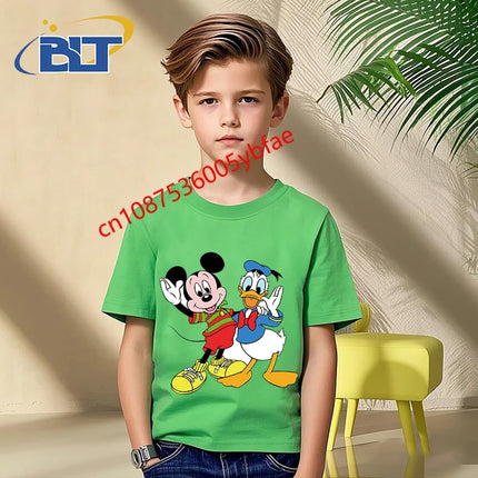 Disney Mickey Mouse and Friends print kids T-shirt pure cotton short-sleeved green top cartoon children's clothing for boys