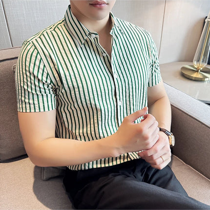 2025 Summer Fashion Vertical Striped Shirts Luxury Men's Short Sleeved Slim Fit Casual Pleated Business Shirt Men Clothing 4XL-M