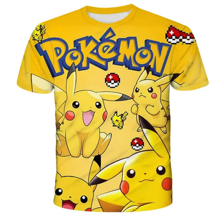 Summer Anime Pokemon Boy T-shirt, Pikachu Children's 3D Fashion Casual Children's Cosplay Clothing, Adult Short-sleeved Yellow