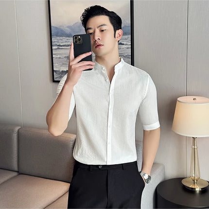 2024 Summer New Chinese Style Linen Shirts Men's Half sleeve Stand-Up Collar Linen Cotton Business Casual Slim Versatile Shirts