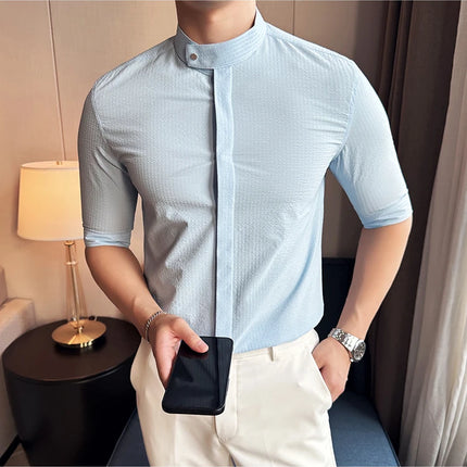 New Chinese Style Stand Up Collar Slim Fit Half Sleeved Shirts Men High Quality Striped Elegant Shirt Summer Social Party Dress