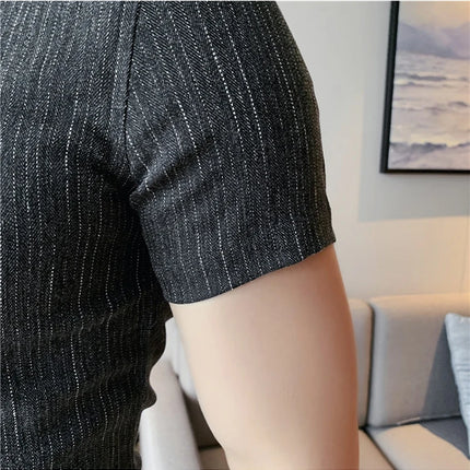 Plus Size 4XL-M Summer Mens Dark Striped Shirts Short Sleeve Fashion 2022 Korean Slim Casual Business Formal Wear Dress Blouse