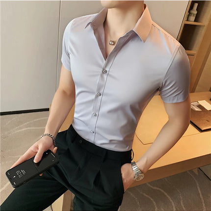 Summer Men Fashion Casual Short Sleeve Solid Shirt Super Slim Fit Male Social Business Dress Shirt Brand Men Casual Dress Blouse