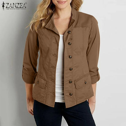 Stylish Spring Jackets Women Vintage OL Coats ZANZA Casual Long Sleeve O-Neck Outwear Solid Buttons Down Coat Female Tops 2024