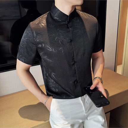 2024 Summer Chinese Style Standing Collar Shirts For Men Fashion Print Short Sleeve Slim Fit Casual Social Party Tuxedo 4XL-M