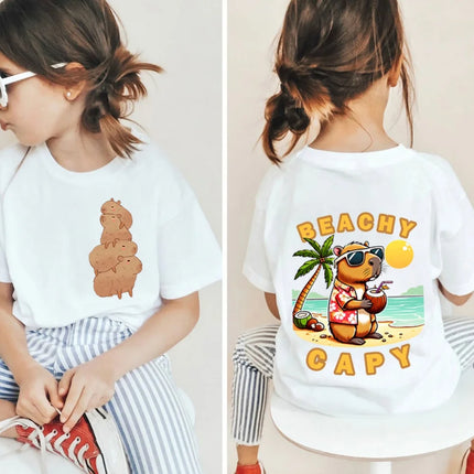 Kawaii Capybara Lovers Kids T-Shirt Short-Sleeved White T-Shirts Cartoon Tees Summer Children Top Crew Neck Children's Clothing
