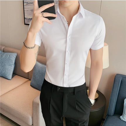 Summer Men Fashion Casual Short Sleeve Solid Shirt Super Slim Fit Male Social Business Dress Shirt Brand Men Casual Dress Blouse