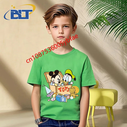 Disney Mickey Mouse and Friends print kids T-shirt pure cotton short-sleeved green top cartoon children's clothing for boys