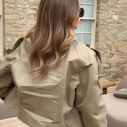 Vintage Women's Short Jacket Pockets Zipper Full Sleeve Khaki Green Thick Coats 2025 Spring Autumn Lady Loose Street Outwear