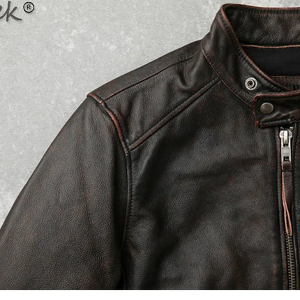 Tcyeek Genuine Leather Jacket for Men Top Layer Cowhide Coats Spring Autumn Vintage Leather Coat Mens Jackets Jaqueta Masculina