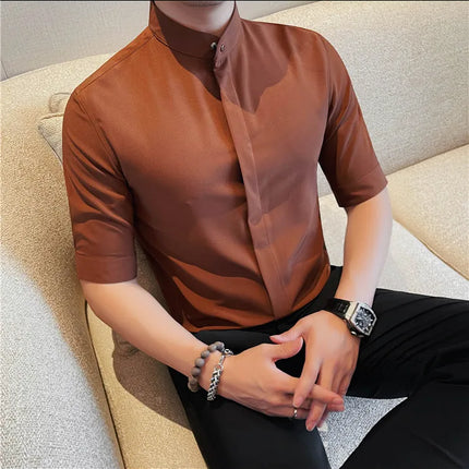 Summer New Standing Collar Half Sleeve Shirts For Men Invisible Button Up Design Slim Casual Business Social Shirt Club Outfits