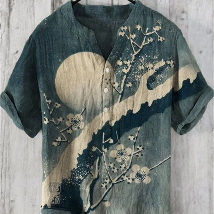 New pine tree landscape 3D printing stand collar short sleeve shirt foreign trade fashion casual loose bamboo fiber linen shirt