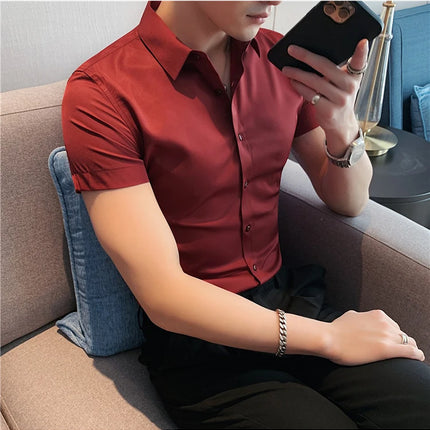 New Summer Men's Short Sleeve Shirt Fashion Business Slim Solid Color Shirt Formal Social Party Casual Dress Men's Clothing 7XL