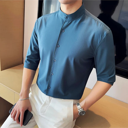 High Quality Chinese Style Stand Up Neck Shirt Men's Summer Mid Sleeved Slim Fit Casual Social Business Blouse Homme 4XL-M
