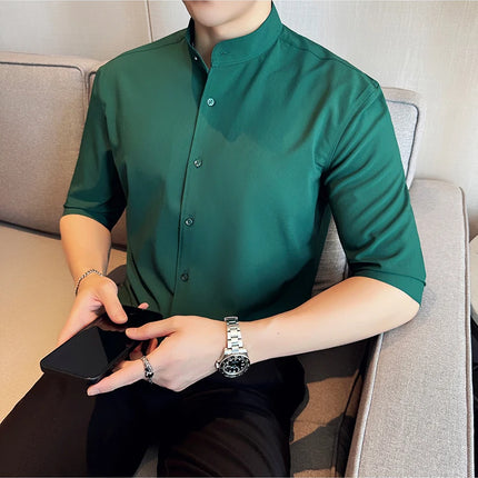 High Quality Chinese Style Stand Up Neck Shirt Men's Summer Mid Sleeved Slim Fit Casual Social Business Blouse Homme 4XL-M