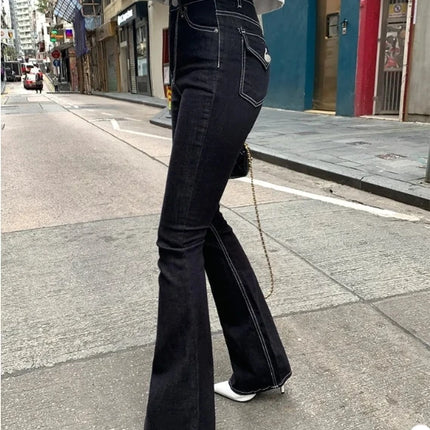 SHIAJIA Black Stretch Flare Jeans Women Pocket Streetwear Korean Chic Elastic Denim Pants Female Full Length High Waisted Jeans