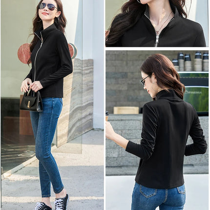 New Women's Zippered Stand Collar Jacket Slim Fit Long Sleeve Cotton Solid Color Casual Outerwear