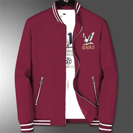 White Men's Embroidered Long Sleeve Jacket, Baseball Collar Casual Coat, Asian Size Black Blue Red Outerwear M-5XL