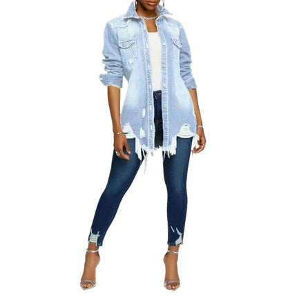 Women Jeans Jackets Spring Summer Ripped Denim Vintage Casual Denim Jacket Long Sleeve Female Chic Coat Streetwear 2024
