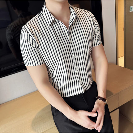 2025 Summer Fashion Vertical Striped Shirts Luxury Men's Short Sleeved Slim Fit Casual Pleated Business Shirt Men Clothing 4XL-M