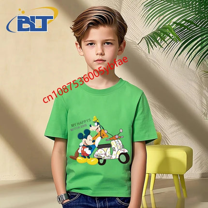 Disney Mickey Mouse and Friends print kids T-shirt pure cotton short-sleeved green top cartoon children's clothing for boys