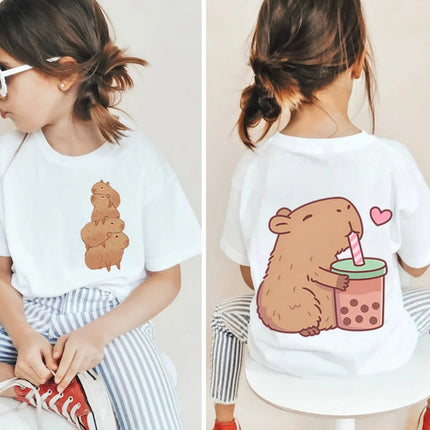 Kawaii Capybara Lovers Kids T-Shirt Short-Sleeved White T-Shirts Cartoon Tees Summer Children Top Crew Neck Children's Clothing