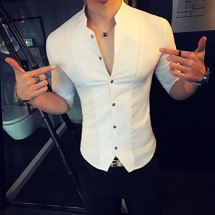2024 Summer Fashion Stand Collar Chinese Style Shirt Men Solid Color Slim Fit Half Sleeve Dress Shirts Designer Club Prom Shirt