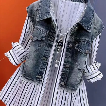 Fashion Design Sense Striped Denim Jackets Shirt Women's Spring Summer 2025 New cowboy Splicing Fake Two Pieces Shirt Coat Top W