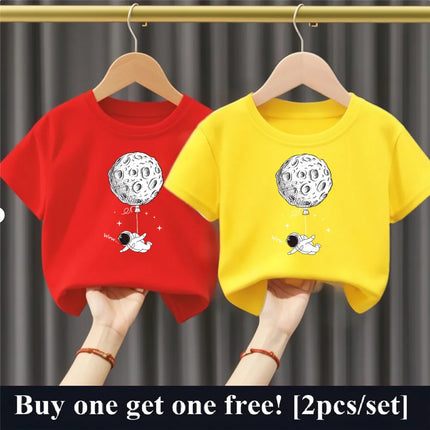 2pcs Boys Cartoon Astronaut  Print T Shirt Set Kids Cotton Short Sleeve Outfit Brother Friend Party Summer Tops 3-14years