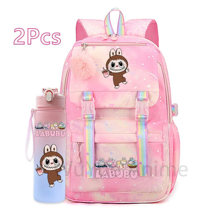 2Pcs/set Cute Cartoon Backpack with 750Ml Outdoor Sports Water Bottle Student Girl Boy Schoolbag Large Capacity Travel Bag Gift