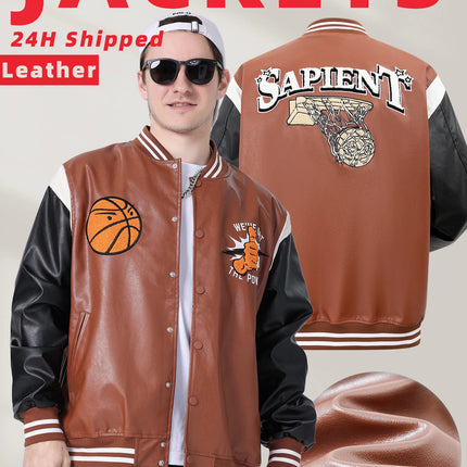 Men's Faux Leather Motorcycle Bomber Jacket Football Embroidery Baseball Uniforms 24H Shipped Spring&Autumn Loose Coats