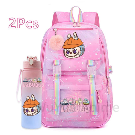 2Pcs/set Cute Cartoon Backpack with 750Ml Outdoor Sports Water Bottle Student Girl Boy Schoolbag Large Capacity Travel Bag Gift