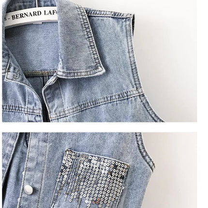 2024 Fashion Design Sequins Denim Vest Summer Autumn Women's Waistcoat Korean Leeveless Denim Jeans Jacket Female Vest Tops