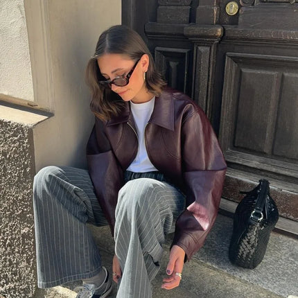 Women Red Wine Leather Short Jackets With Belt Vintage Turndown Collar Long Sleeve Coats 2024 Female Chic Streetwear Cardigan
