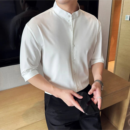 High Quality Chinese Style Stand Up Neck Shirt Men's Summer Mid Sleeved Slim Fit Casual Social Business Blouse Homme 4XL-M