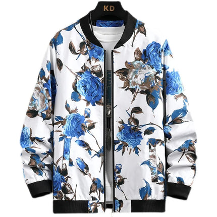 White Men's Embroidered Long Sleeve Jacket, Baseball Collar Casual Coat, Asian Size Black Blue Red Outerwear M-5XL