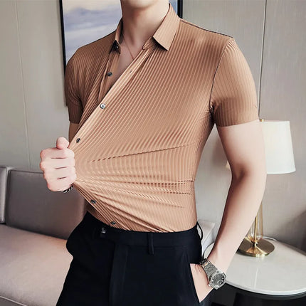2024 Summer High Elasticity Seamless Short Sleeve Shirts Fashion Stripes Men Business Formal Wear Slim Fit Casual Dress Shirt
