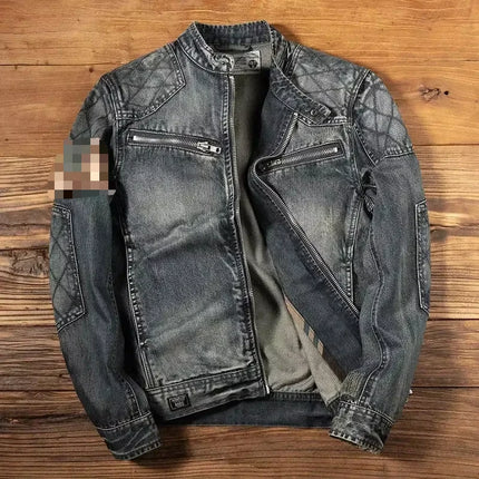 Luxury retro standing collar denim jacket for men's spring and autumn trendy brand loose oversized motorcycle jacket cotton