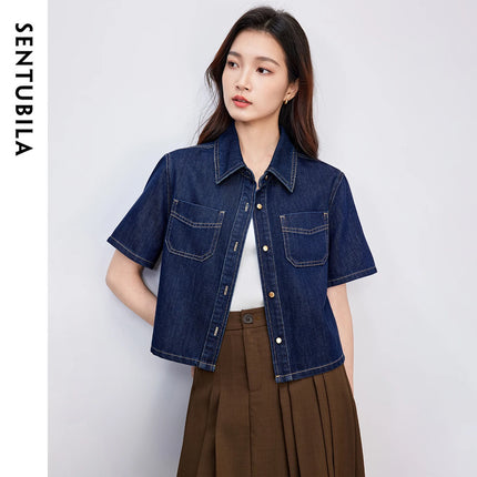 SENTUBILA Lyocell Denim Women Jackets 2025 Retro Fashion Short Streetwear Button Pockets Casual Female Outerwear W52W59414