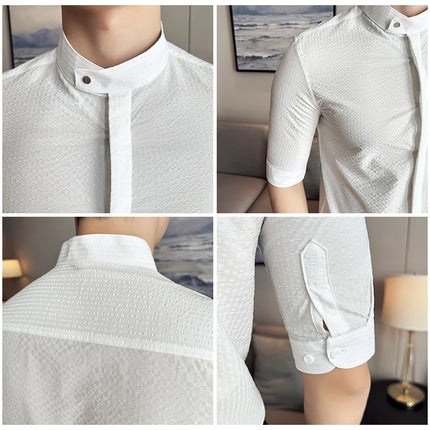 New Chinese Style Stand Up Collar Slim Fit Half Sleeved Shirts Men High Quality Striped Elegant Shirt Summer Social Party Dress
