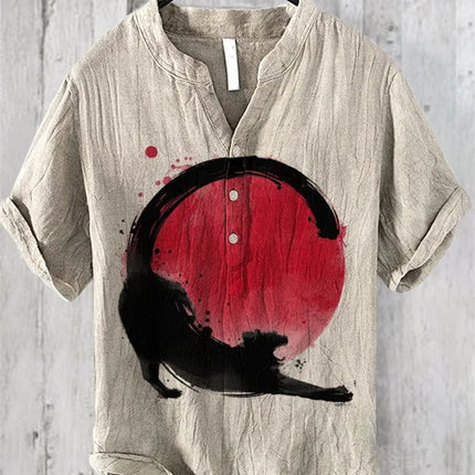New V-neck red-crowned crane 3D linen printing foreign trade fashion casual loose bamboo linen shirt top