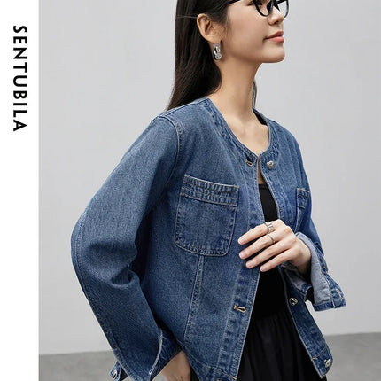 SENTUBILA Pure Cotton Denim Jacket Women 2025 Spring Autumn Outerwear Round Neck Pockets Cropped Jeans Coat Womans W41W53402