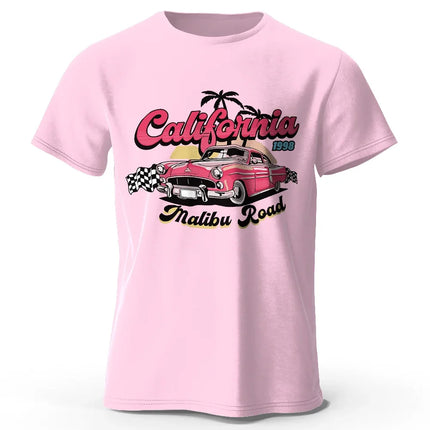 Pink Vintage Car T-Shirt 100% Cotton Retro Vacation Graphic Tee for Women and Girls Summer Holiday Style