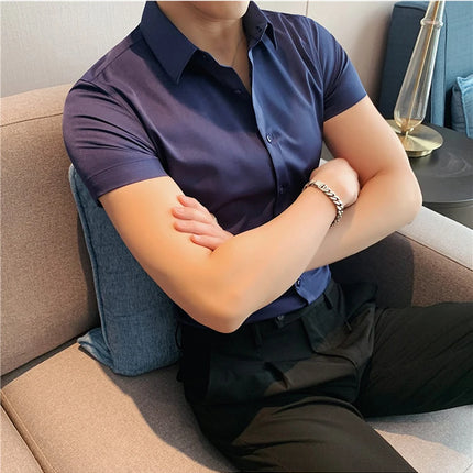 Summer Men Fashion Casual Short Sleeve Solid Shirt Super Slim Fit Male Social Business Dress Shirt Brand Men Casual Dress Blouse