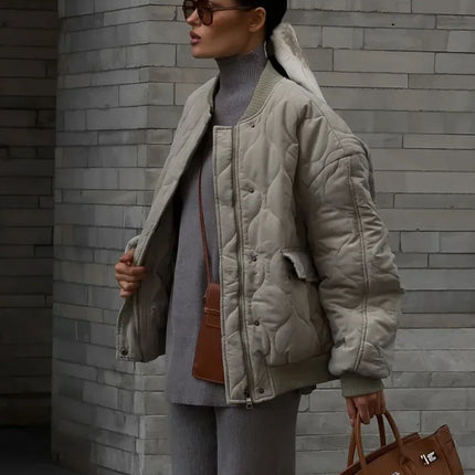 Chic Zipper With Button Quilted Bomber Cotton Jacket Women Casual Single Breasted Long Sleeve Pocket Coat Fall Lady Warm Outwear