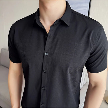 High Quality Ice Silk Elastic Jacquard Shirts 2024 Summer New Men Casual Short Sleeved Slim Fit Business Versatile Shirt 4XL-M