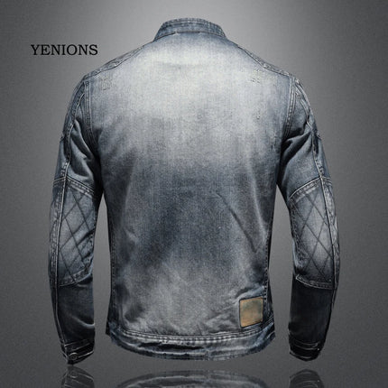 2023 Denim Jacket Men's Denim Jacket Mock Neck Zipper Slim Fit Blue Denim Jacket