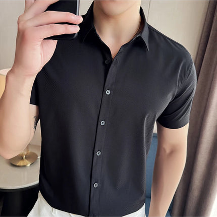 High Quality Ice Silk Elastic Jacquard Shirts 2024 Summer New Men Casual Short Sleeved Slim Fit Business Versatile Shirt 4XL-M