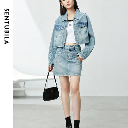 SENTUBILA 100% Cotton Washed Denim Jackets for Women 2025 Spring Casual Loose Turn Down Collar Fashion Short Jacket W41W54341